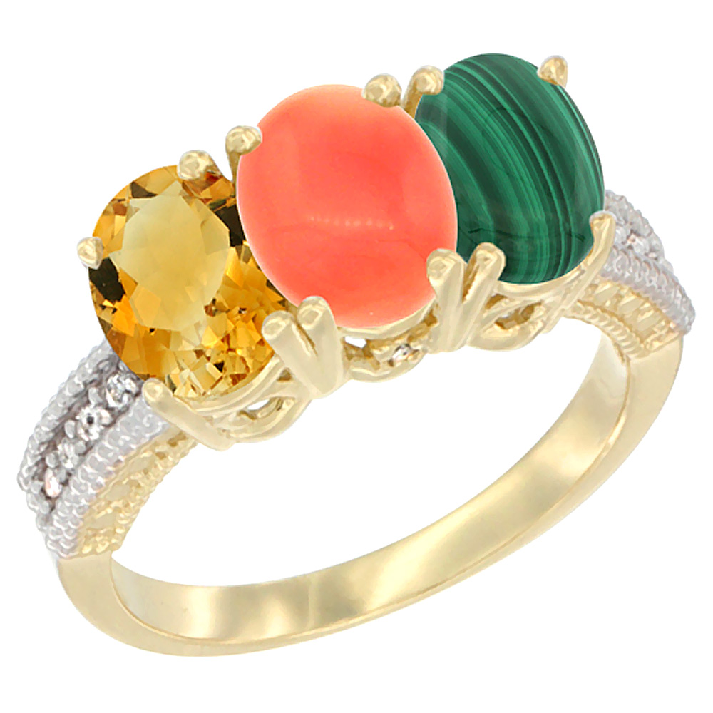 10K Yellow Gold Diamond Natural Citrine, Coral & Malachite Ring 3-Stone 7x5 mm Oval, sizes 5 - 10