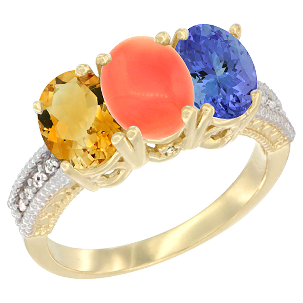 10K Yellow Gold Diamond Natural Citrine, Coral & Tanzanite Ring 3-Stone 7x5 mm Oval, sizes 5 - 10