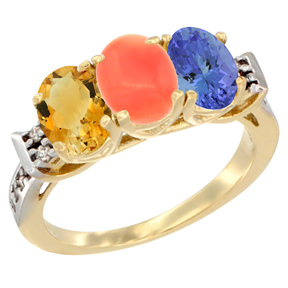 14K Yellow Gold Natural Citrine, Coral & Tanzanite Ring 3-Stone 7x5 mm Oval Diamond Accent, sizes 5 - 10