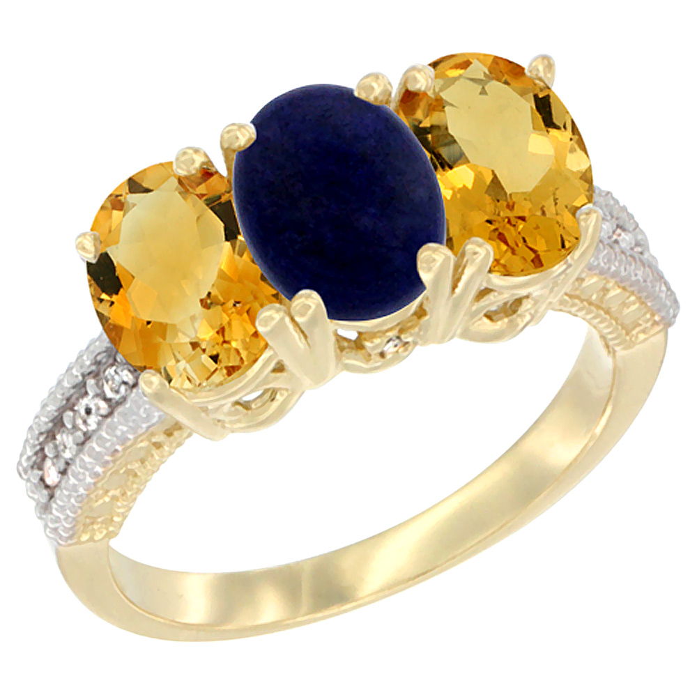 10K Yellow Gold Diamond Natural Lapis & Citrine Ring 3-Stone 7x5 mm Oval, sizes 5 - 10