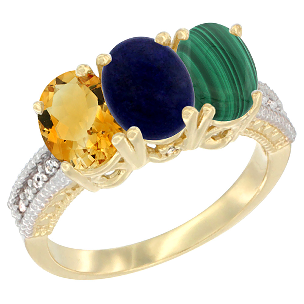 14K Yellow Gold Natural Citrine, Lapis & Malachite Ring 3-Stone 7x5 mm Oval Diamond Accent, sizes 5 - 10