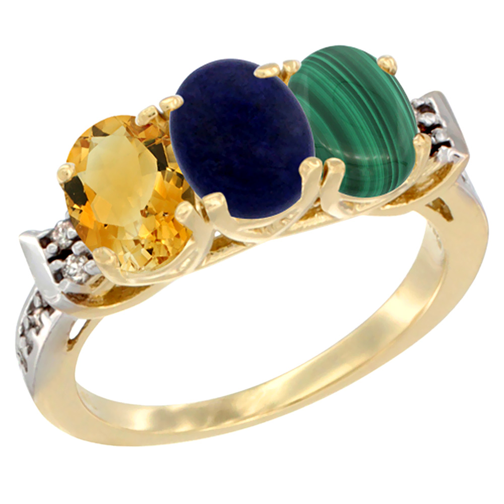 10K Yellow Gold Natural Citrine, Lapis & Malachite Ring 3-Stone Oval 7x5 mm Diamond Accent, sizes 5 - 10