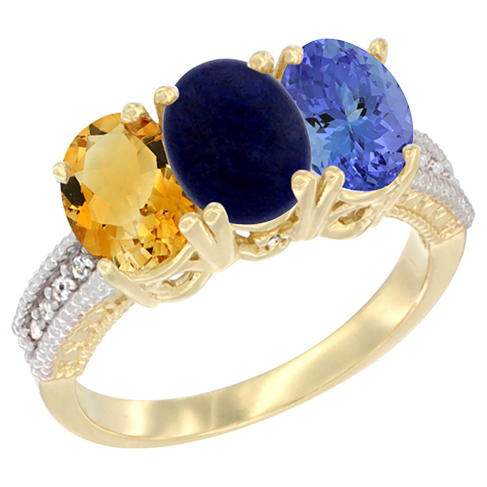 10K Yellow Gold Diamond Natural Citrine, Lapis &amp; Tanzanite Ring 3-Stone 7x5 mm Oval, sizes 5 - 10