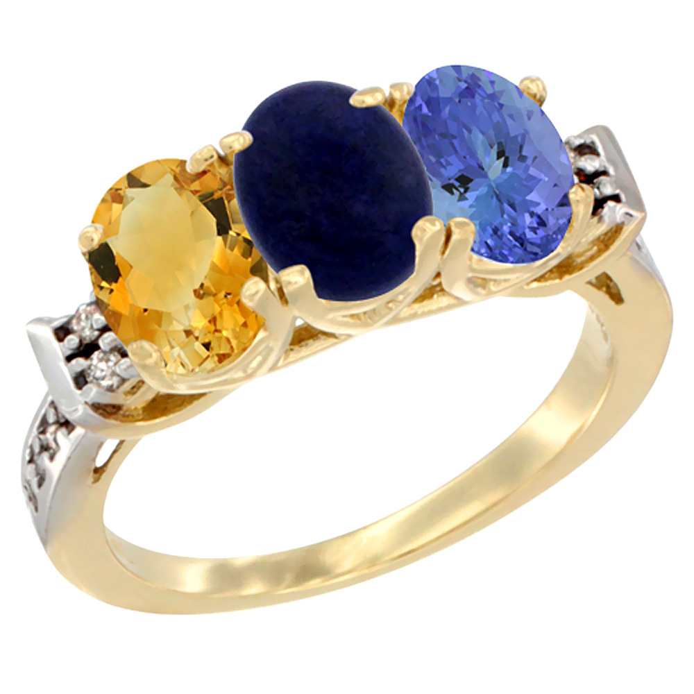 14K Yellow Gold Natural Citrine, Lapis & Tanzanite Ring 3-Stone 7x5 mm Oval Diamond Accent, sizes 5 - 10