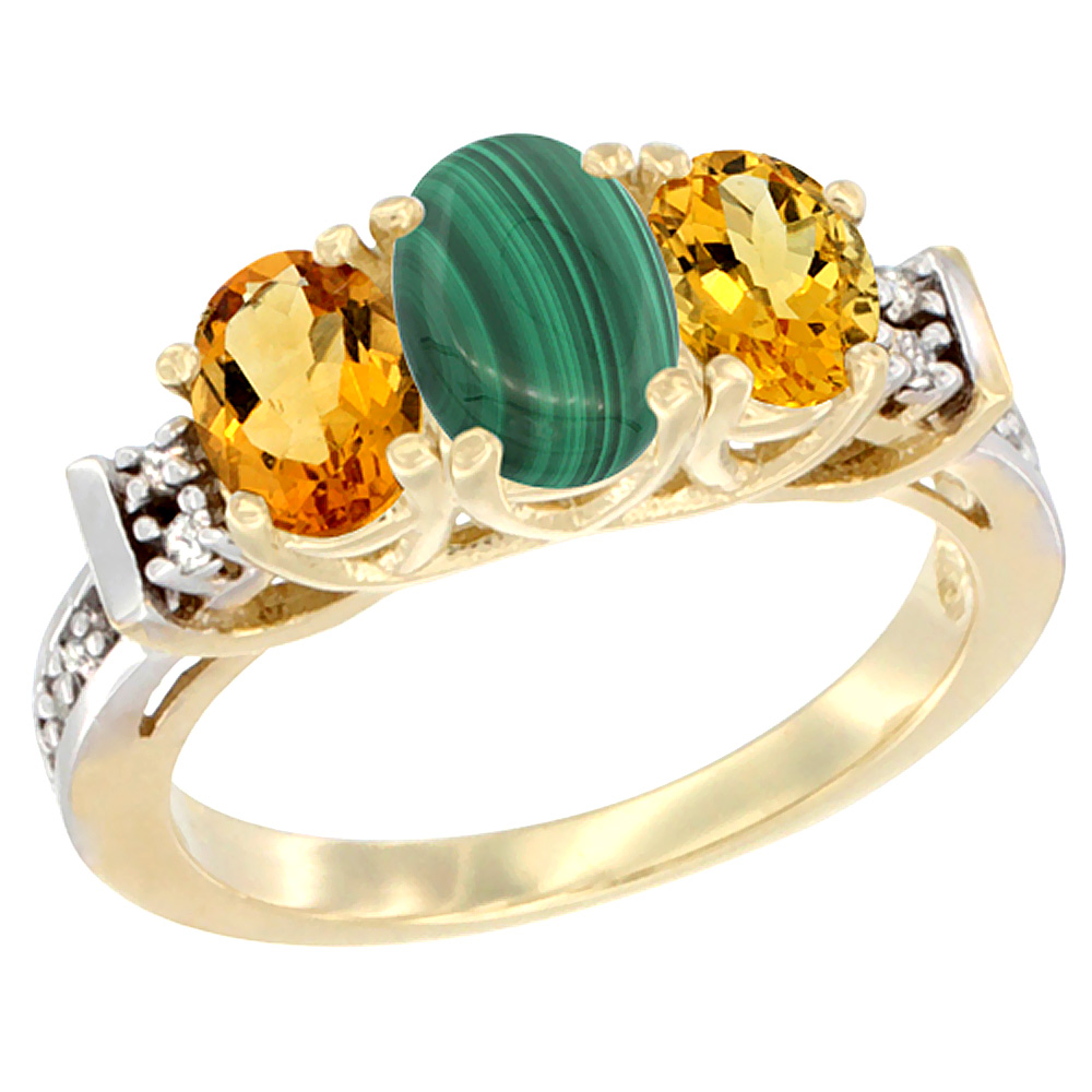 14K Yellow Gold Natural Malachite & Citrine Ring 3-Stone Oval Diamond Accent