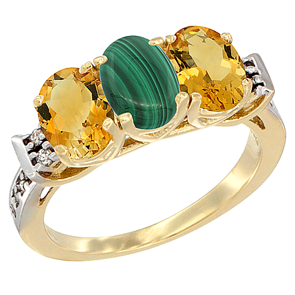 14K Yellow Gold Natural Malachite & Citrine Sides Ring 3-Stone 7x5 mm Oval Diamond Accent, sizes 5 - 10