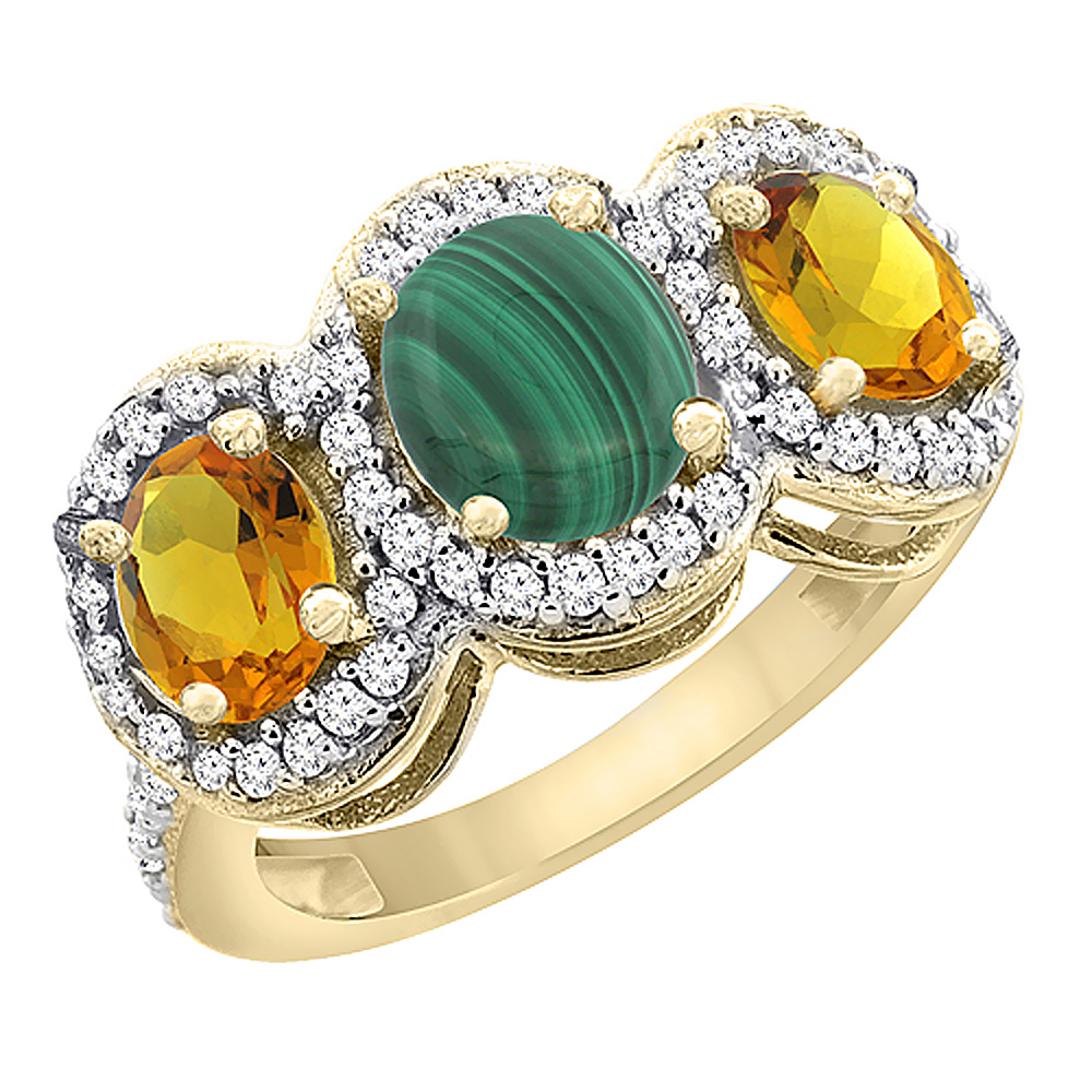 14K Yellow Gold Natural Malachite & Citrine 3-Stone Ring Oval Diamond Accent, sizes 5 - 10