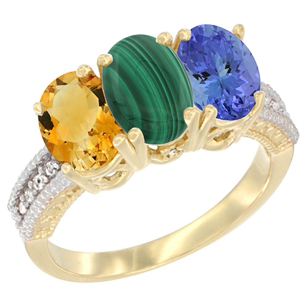 14K Yellow Gold Natural Citrine, Malachite & Tanzanite Ring 3-Stone 7x5 mm Oval Diamond Accent, sizes 5 - 10