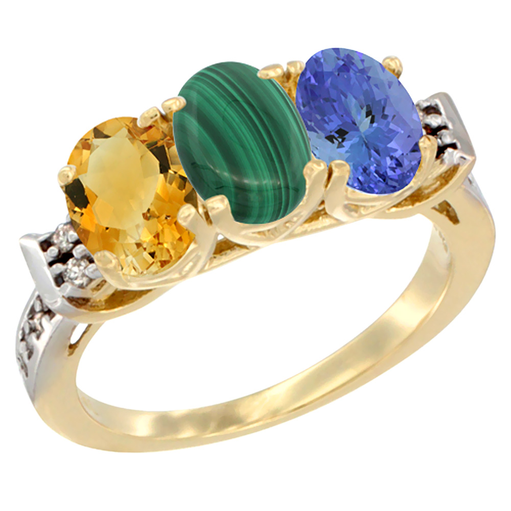 14K Yellow Gold Natural Citrine, Malachite & Tanzanite Ring 3-Stone 7x5 mm Oval Diamond Accent, sizes 5 - 10