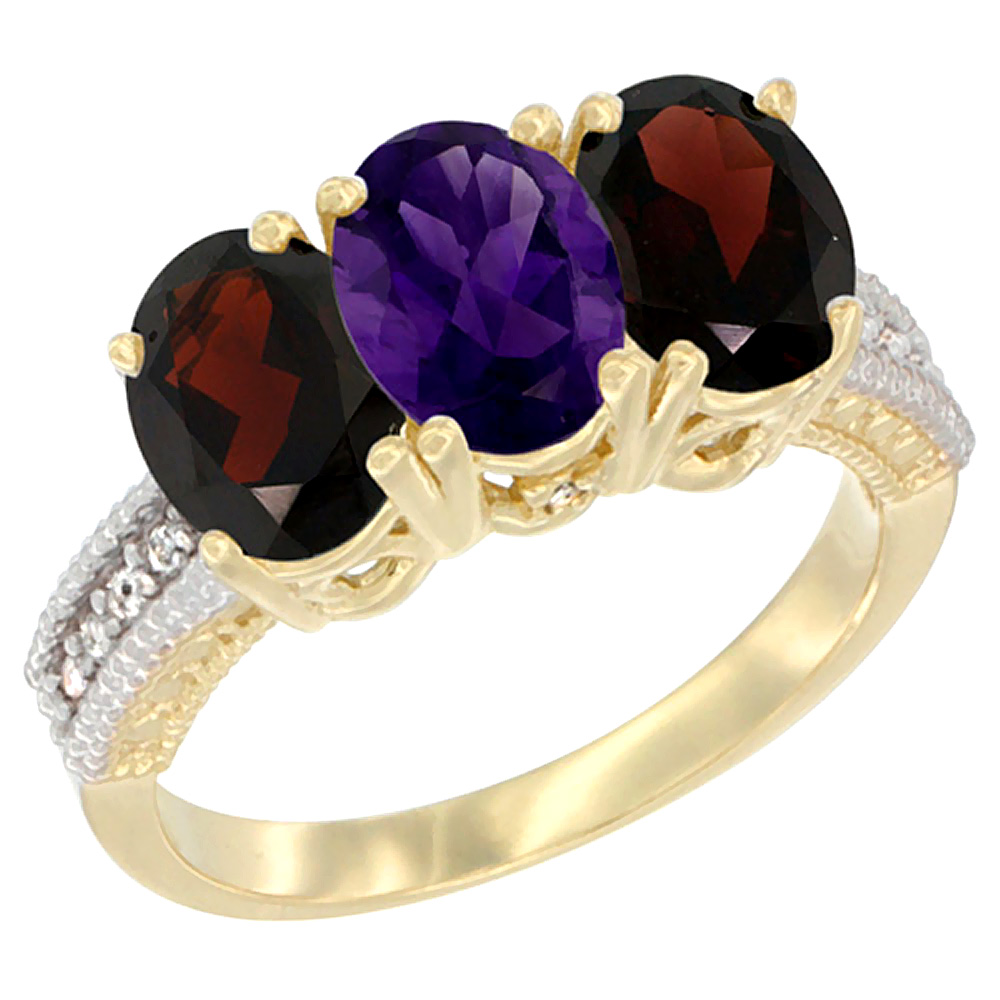 10K Yellow Gold Diamond Natural Amethyst & Garnet Ring 3-Stone 7x5 mm Oval, sizes 5 - 10