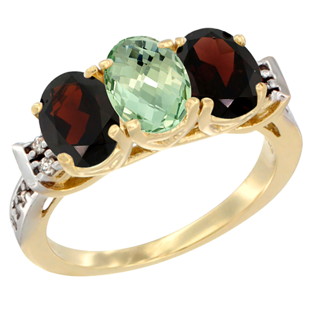 14K Yellow Gold Natural Green Amethyst &amp; Garnet Sides Ring 3-Stone 7x5 mm Oval Diamond Accent, sizes 5 - 10