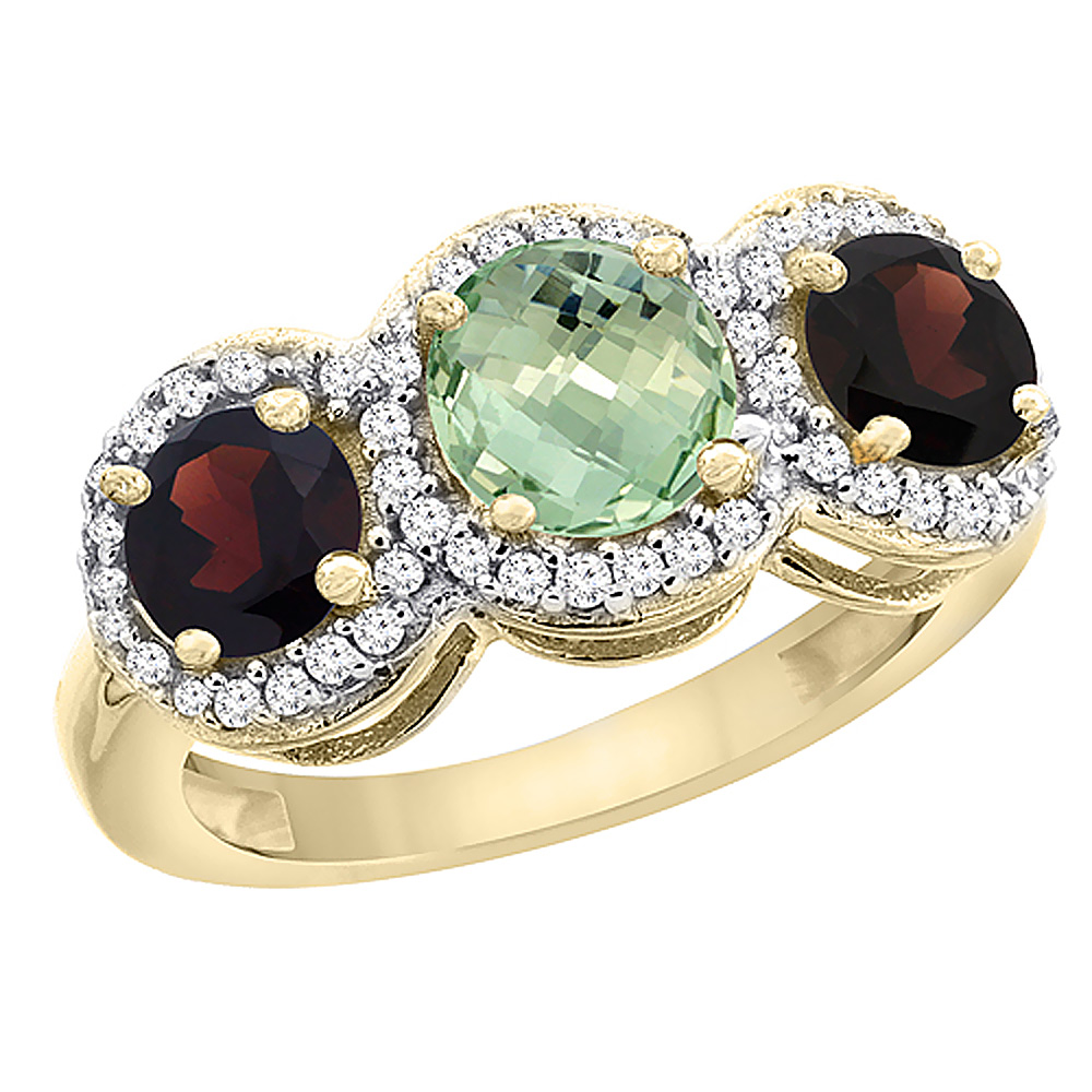 14K Yellow Gold Natural Green Amethyst &amp; Garnet Sides Round 3-stone Ring Diamond Accents, sizes 5 - 10