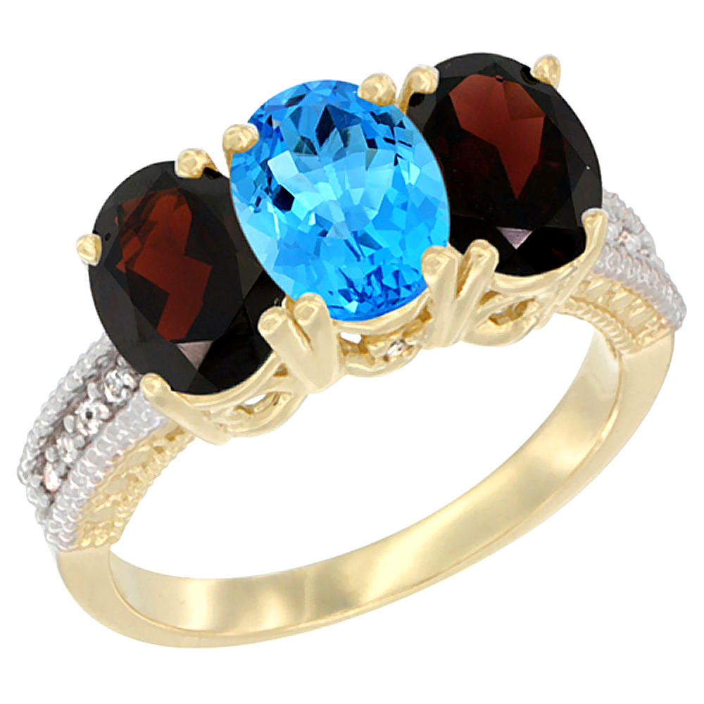 14K Yellow Gold Natural Swiss Blue Topaz &amp; Garnet Sides Ring 3-Stone 7x5 mm Oval Diamond Accent, sizes 5 - 10