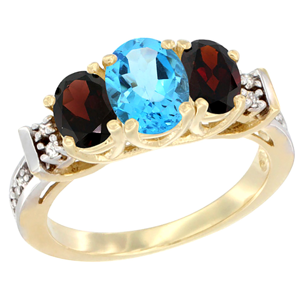 14K Yellow Gold Natural Swiss Blue Topaz &amp; Garnet Ring 3-Stone Oval Diamond Accent