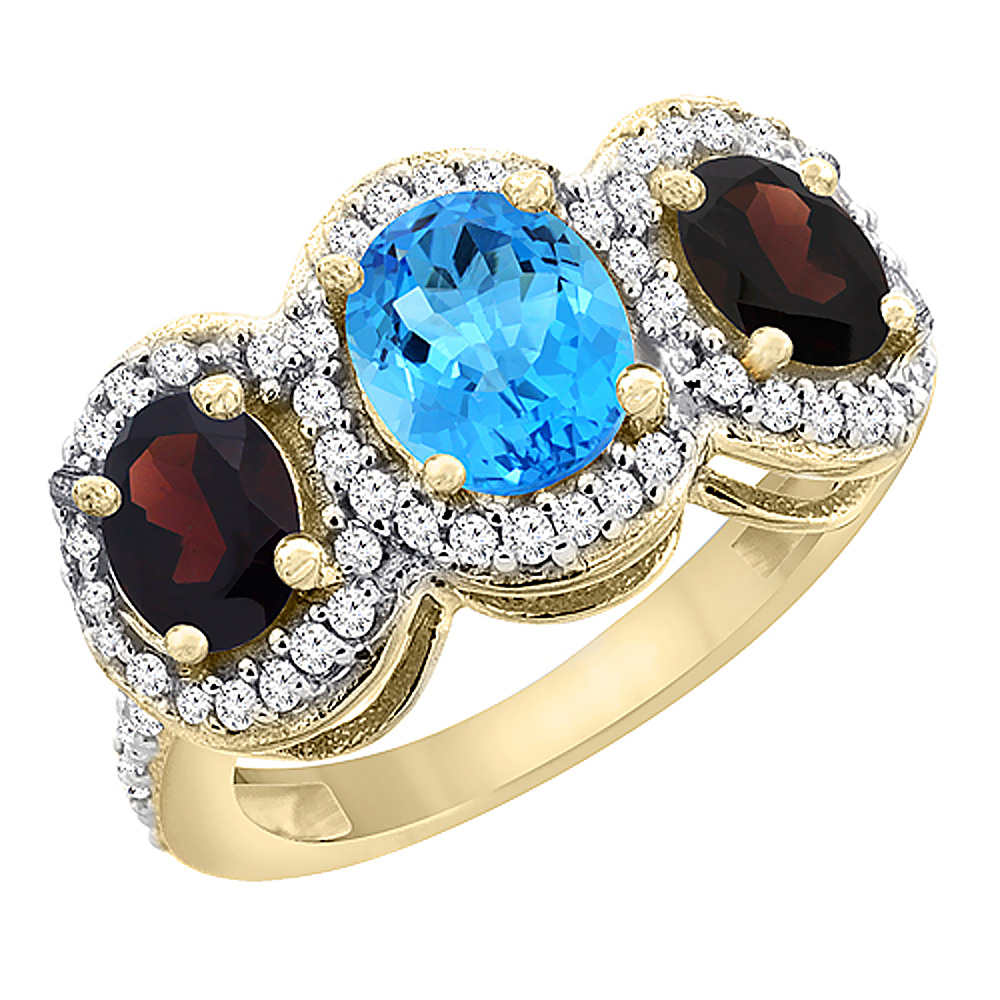 14K Yellow Gold Natural Swiss Blue Topaz &amp; Garnet 3-Stone Ring Oval Diamond Accent, sizes 5 - 10