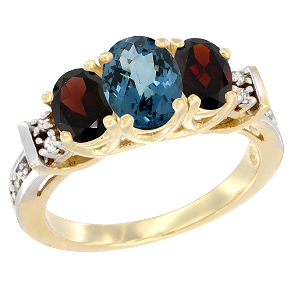 10K Yellow Gold Natural London Blue Topaz &amp; Garnet Ring 3-Stone Oval Diamond Accent