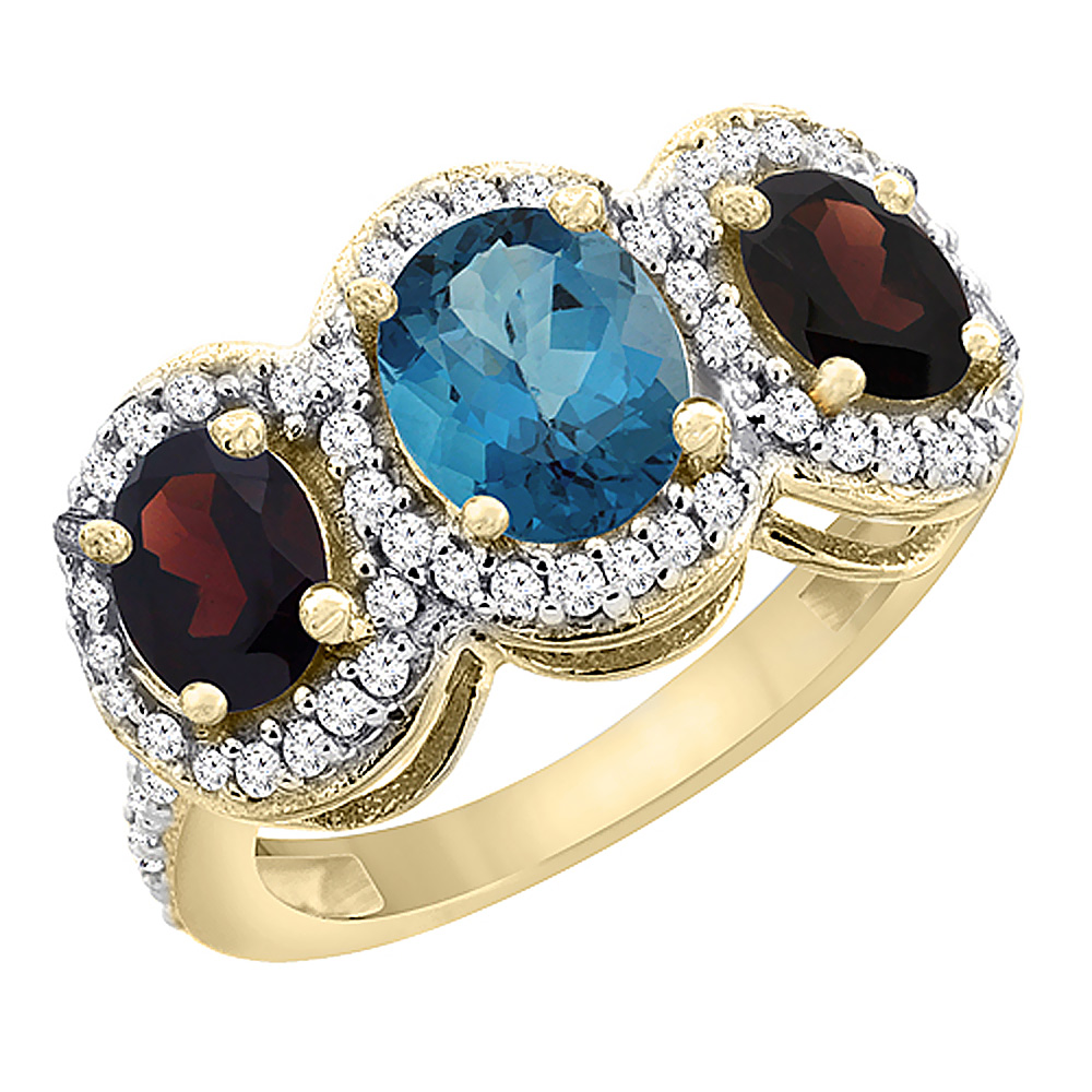 10K Yellow Gold Natural London Blue Topaz &amp; Garnet 3-Stone Ring Oval Diamond Accent, sizes 5 - 10