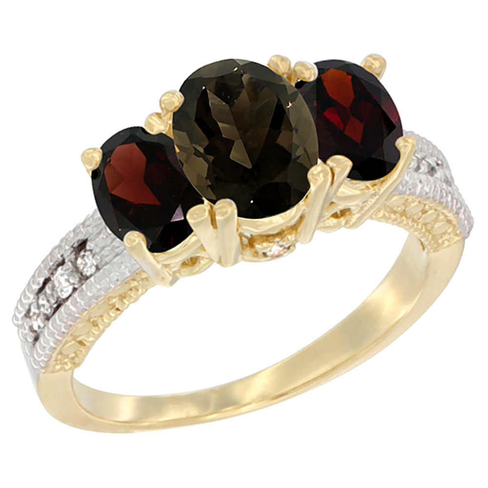 10K Yellow Gold Diamond Natural Smoky Topaz Ring Oval 3-stone with Garnet, sizes 5 - 10