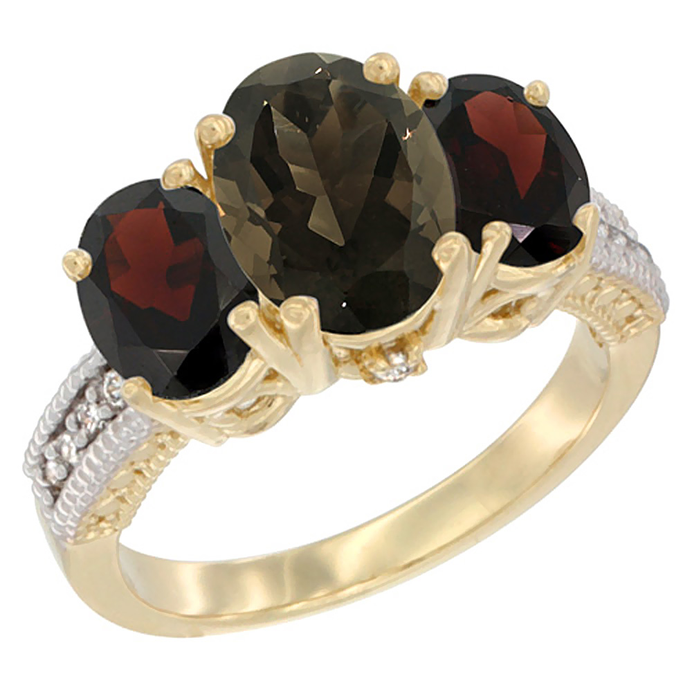 14K Yellow Gold Diamond Natural Smoky Topaz Ring 3-Stone Oval 8x6mm with Garnet, sizes5-10