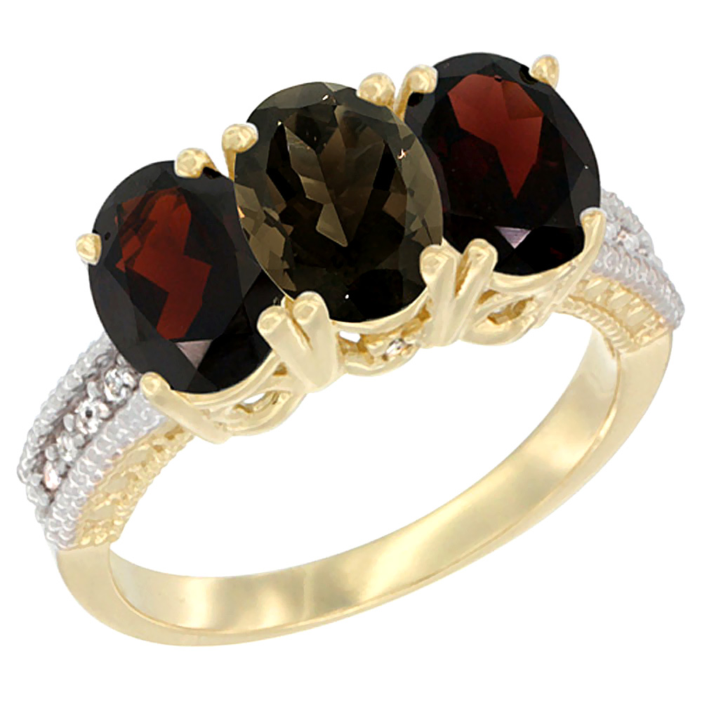 10K Yellow Gold Diamond Natural Smoky Topaz &amp; Garnet Ring 3-Stone 7x5 mm Oval, sizes 5 - 10