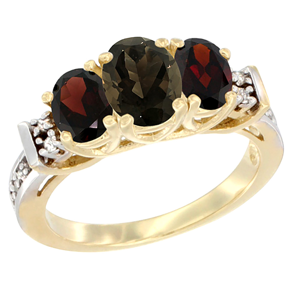 10K Yellow Gold Natural Smoky Topaz &amp; Garnet Ring 3-Stone Oval Diamond Accent