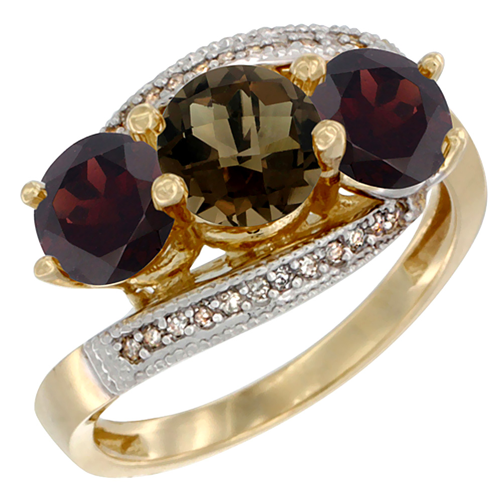 10K Yellow Gold Natural Smoky Topaz &amp; Garnet Sides 3 stone Ring Round 6mm Diamond Accent, sizes 5 - 10