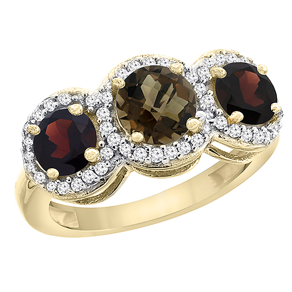 10K Yellow Gold Natural Smoky Topaz &amp; Garnet Sides Round 3-stone Ring Diamond Accents, sizes 5 - 10