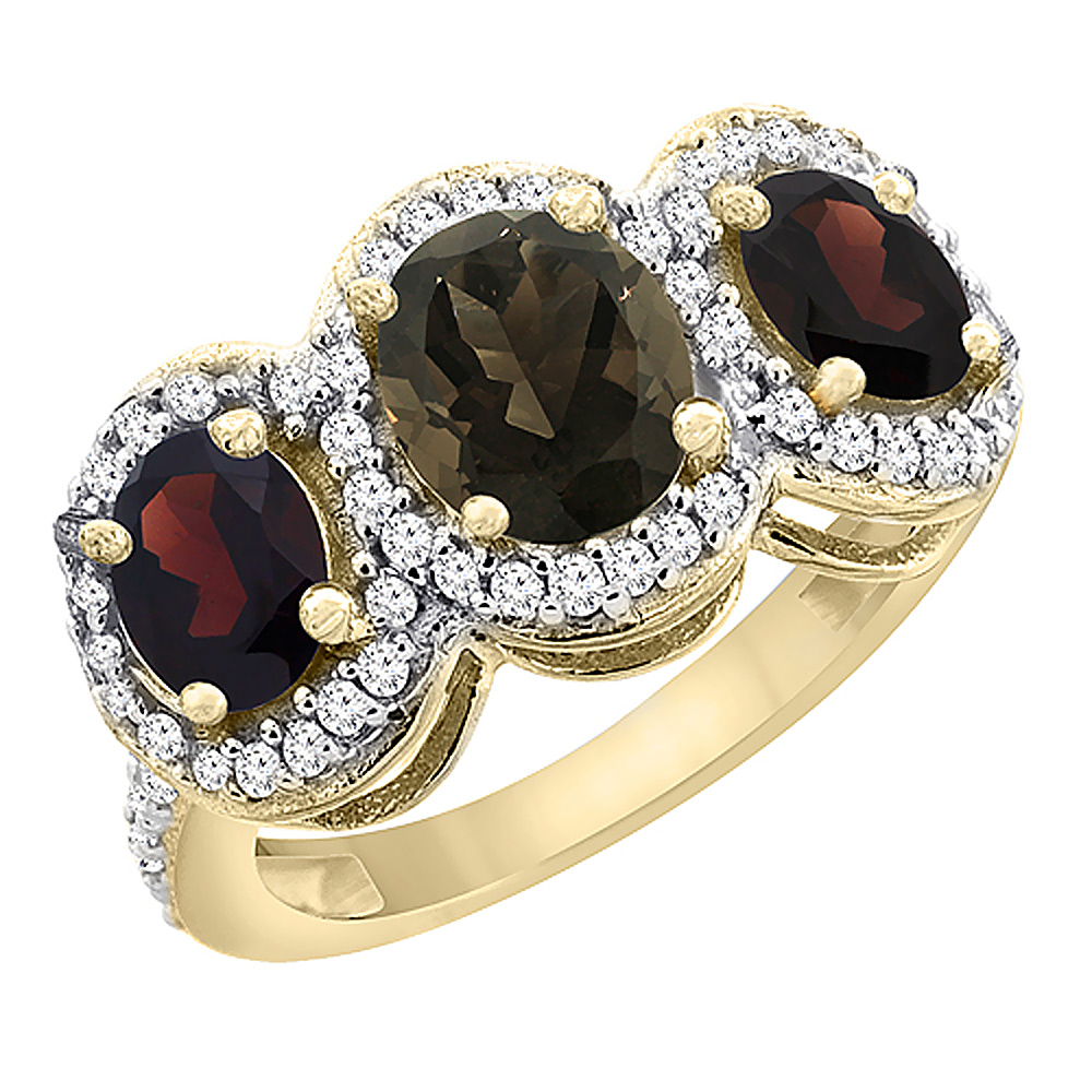 10K Yellow Gold Natural Smoky Topaz & Garnet 3-Stone Ring Oval Diamond Accent, sizes 5 - 10