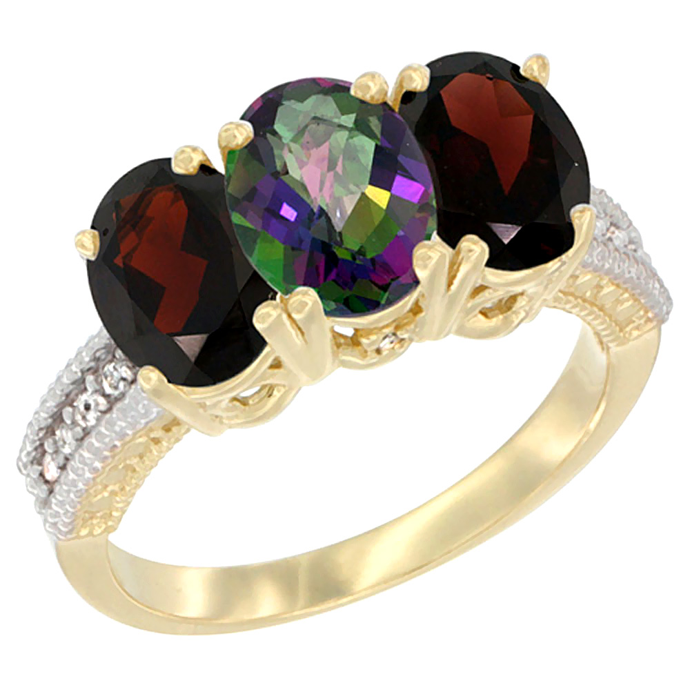 14K Yellow Gold Natural Mystic Topaz & Garnet Sides Ring 3-Stone 7x5 mm Oval Diamond Accent, sizes 5 - 10