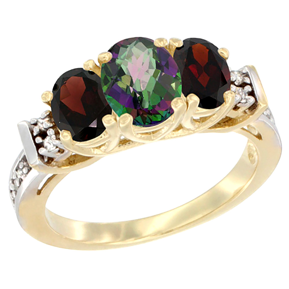 14K Yellow Gold Natural Mystic Topaz & Garnet Ring 3-Stone Oval Diamond Accent