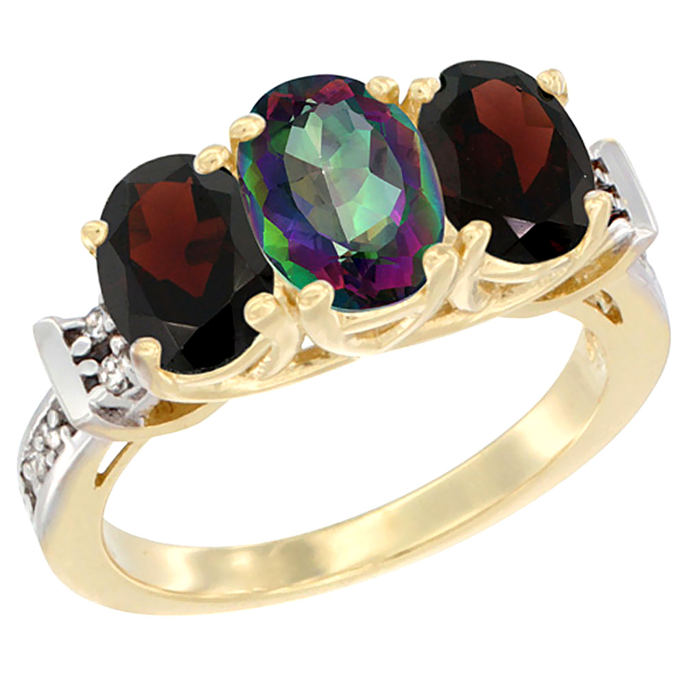 14K Yellow Gold Natural Mystic Topaz & Garnet Sides Ring 3-Stone Oval Diamond Accent, sizes 5 - 10