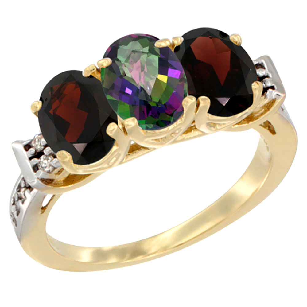 14K Yellow Gold Natural Mystic Topaz &amp; Garnet Sides Ring 3-Stone 7x5 mm Oval Diamond Accent, sizes 5 - 10