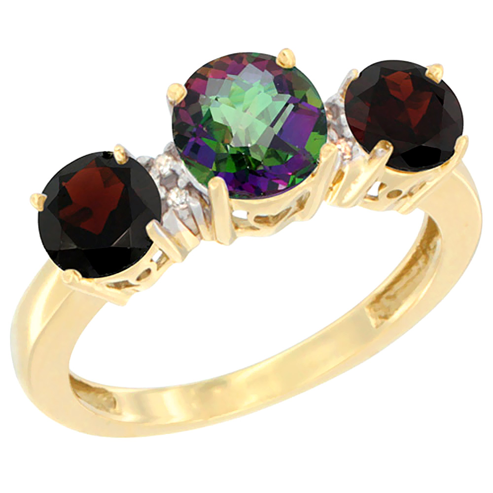 14K Yellow Gold Round 3-Stone Natural Mystic Topaz Ring &amp; Garnet Sides Diamond Accent, sizes 5 - 10