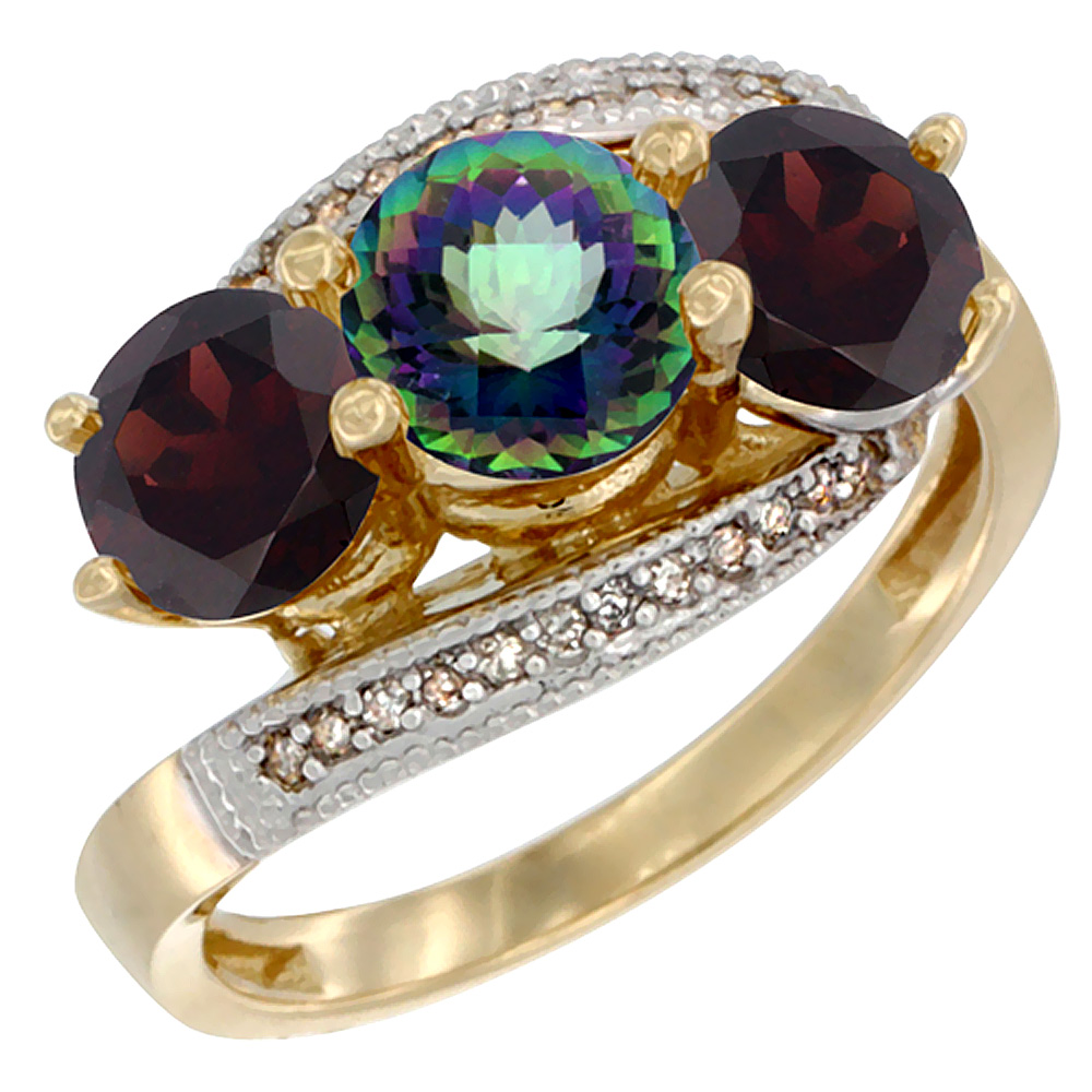 14K Yellow Gold Natural Mystic Topaz &amp; Garnet Sides 3 stone Ring Round 6mm Diamond Accent, sizes 5 - 10