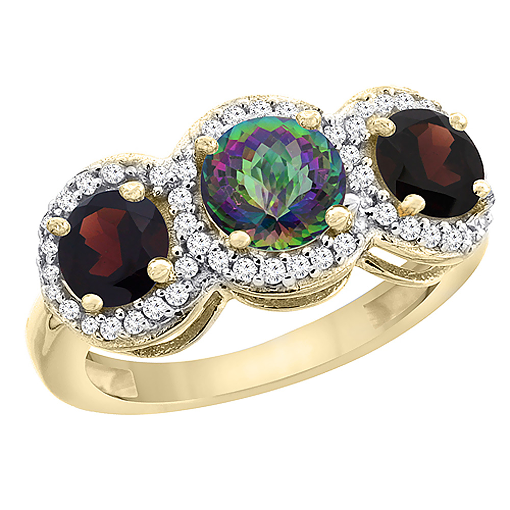 14K Yellow Gold Natural Mystic Topaz &amp; Garnet Sides Round 3-stone Ring Diamond Accents, sizes 5 - 10