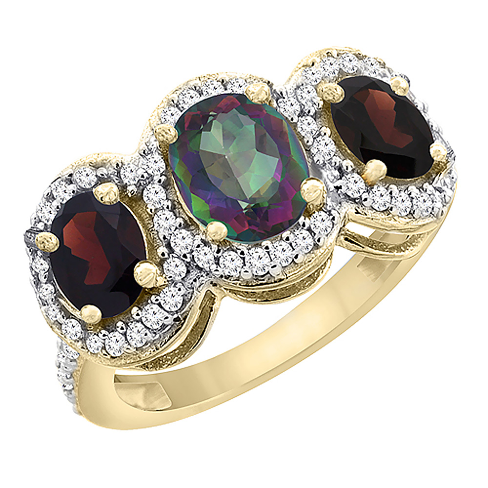 14K Yellow Gold Natural Mystic Topaz & Garnet 3-Stone Ring Oval Diamond Accent, sizes 5 - 10