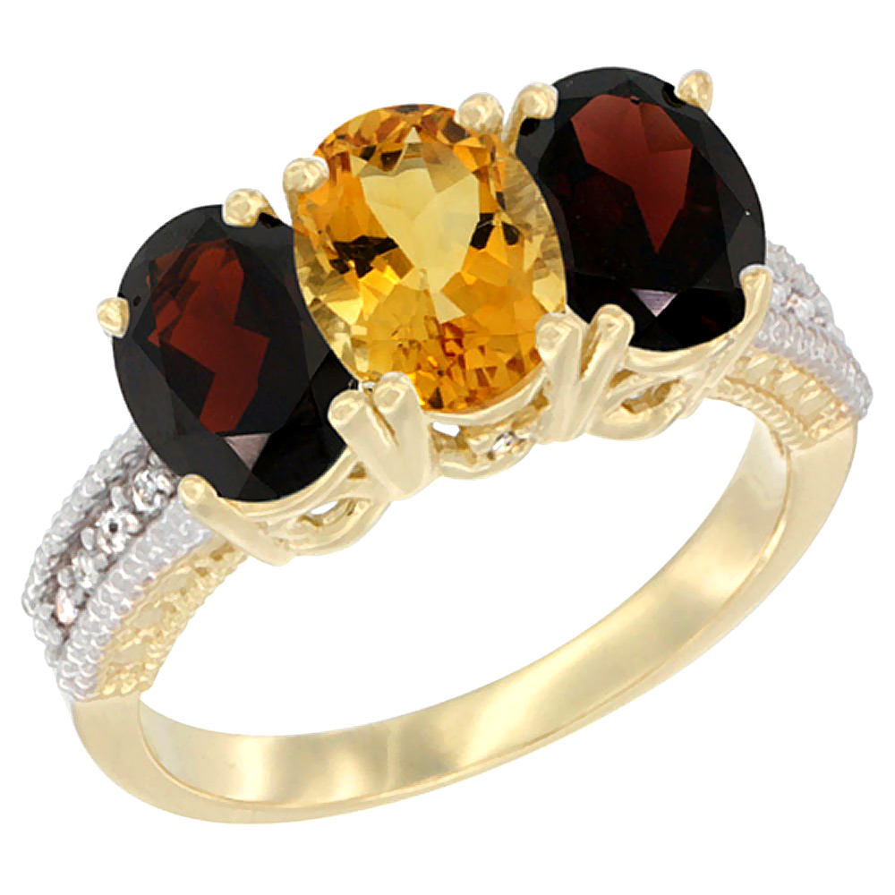 14K Yellow Gold Natural Citrine & Garnet Sides Ring 3-Stone 7x5 mm Oval Diamond Accent, sizes 5 - 10