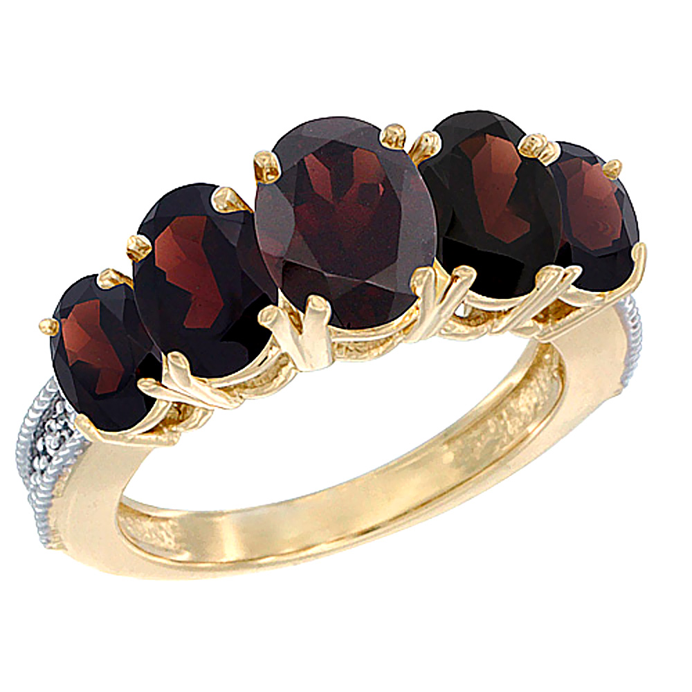 14K Yellow Gold Diamond Natural Garnet Ring 5-stone Oval 8x6 Ctr,7x5,6x4 sides, sizes 5 - 10