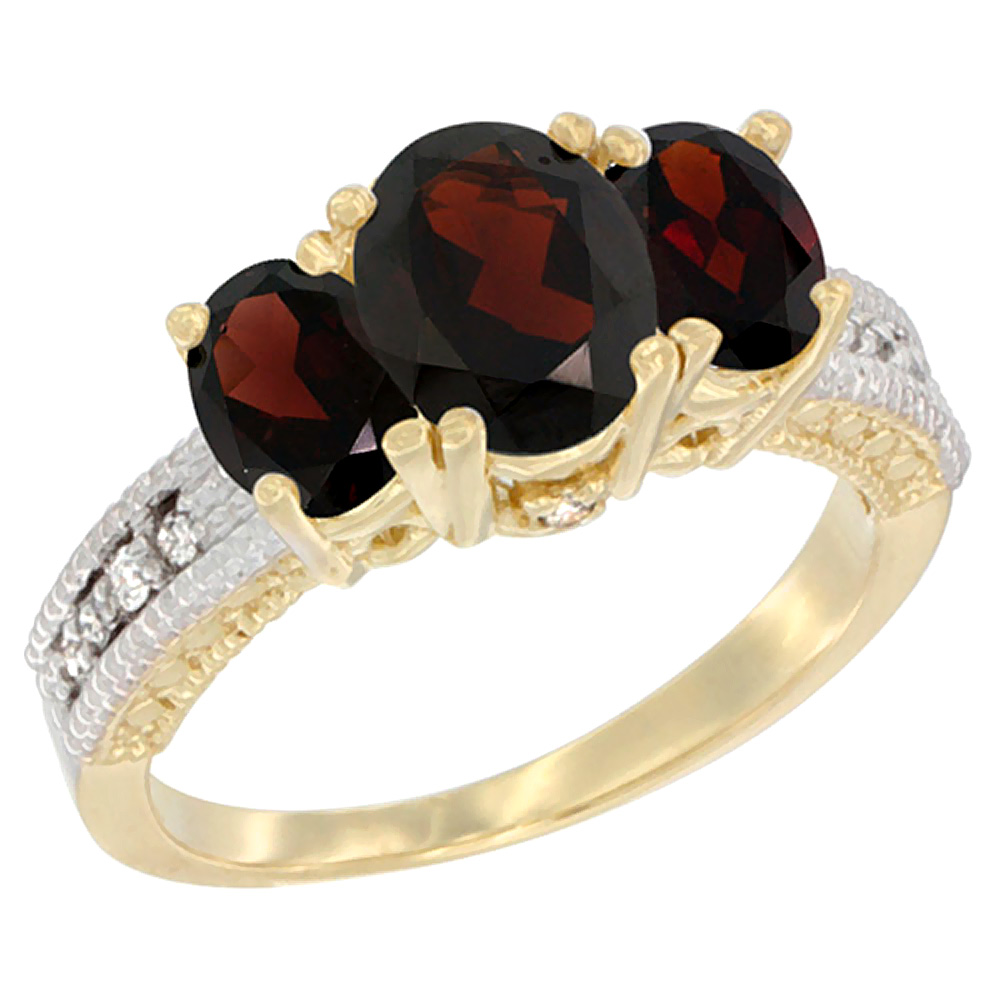 14K Yellow Gold Diamond Natural Garnet Ring Oval 3-stone, sizes 5 - 10