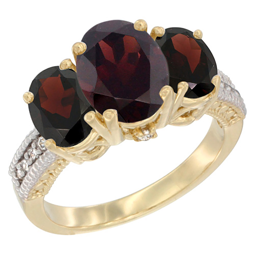 14K Yellow Gold Diamond Natural Garnet Ring 3-Stone Oval 8x6mm, sizes5-10