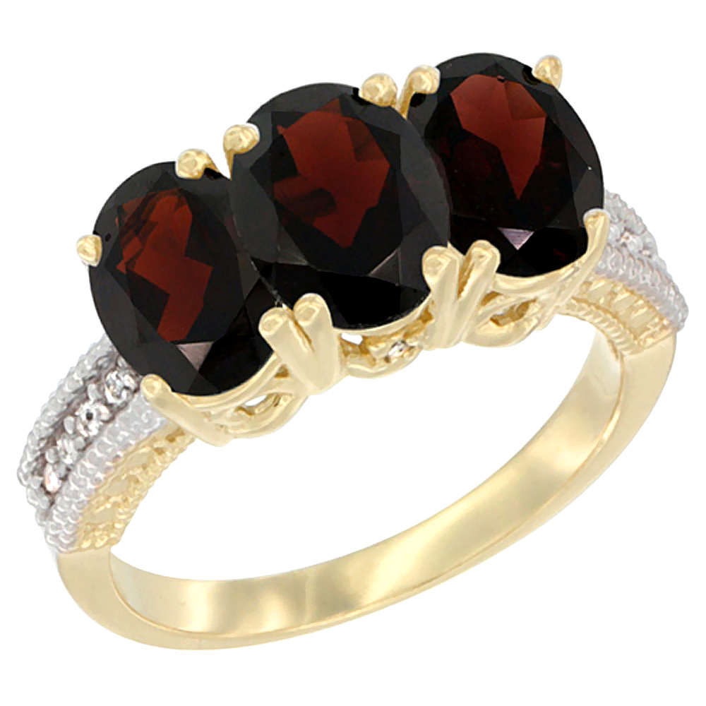 14K Yellow Gold Natural Garnet Ring 3-Stone 7x5 mm Oval Diamond Accent, sizes 5 - 10