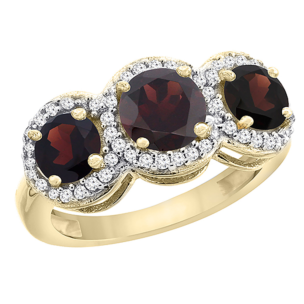 10K Yellow Gold Natural Garnet Round 3-stone Ring Diamond Accents, sizes 5 - 10