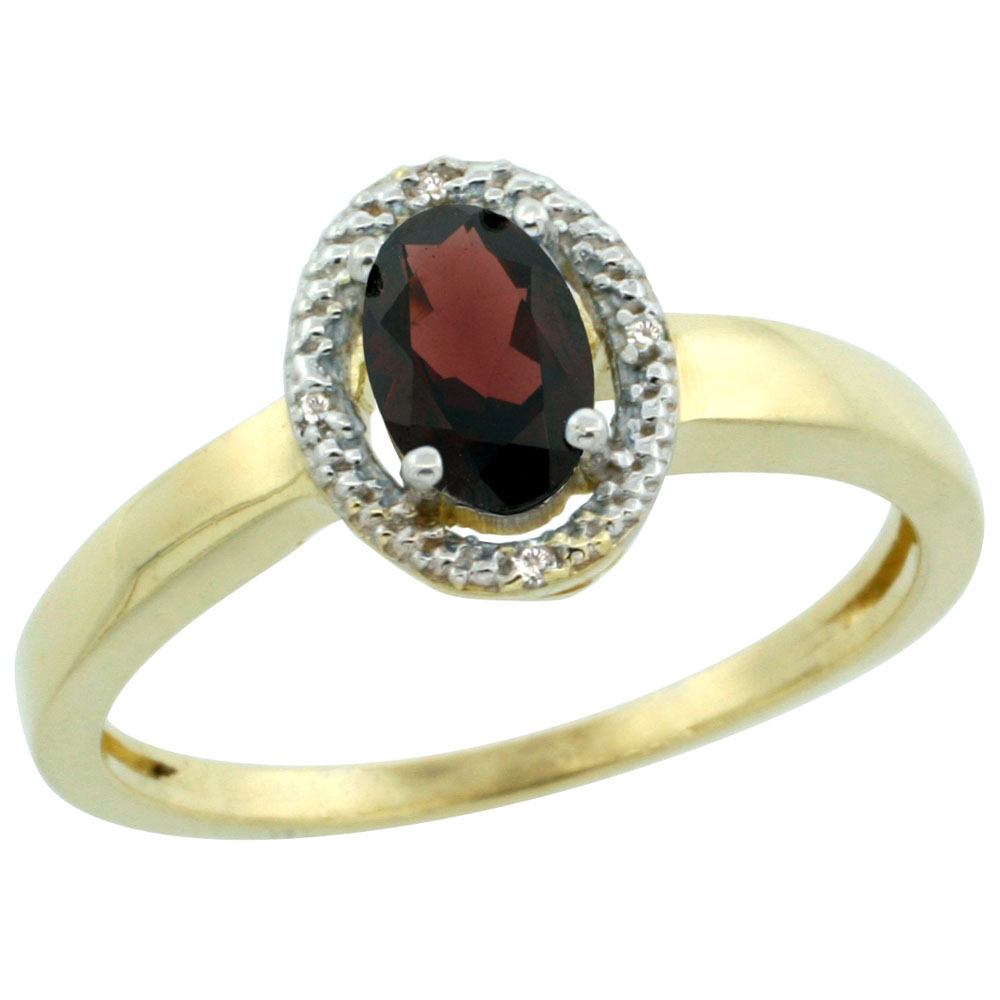 14K Yellow Gold Diamond Halo Natural Garnet Engagement Ring Oval 6X4 mm, sizes 5-10