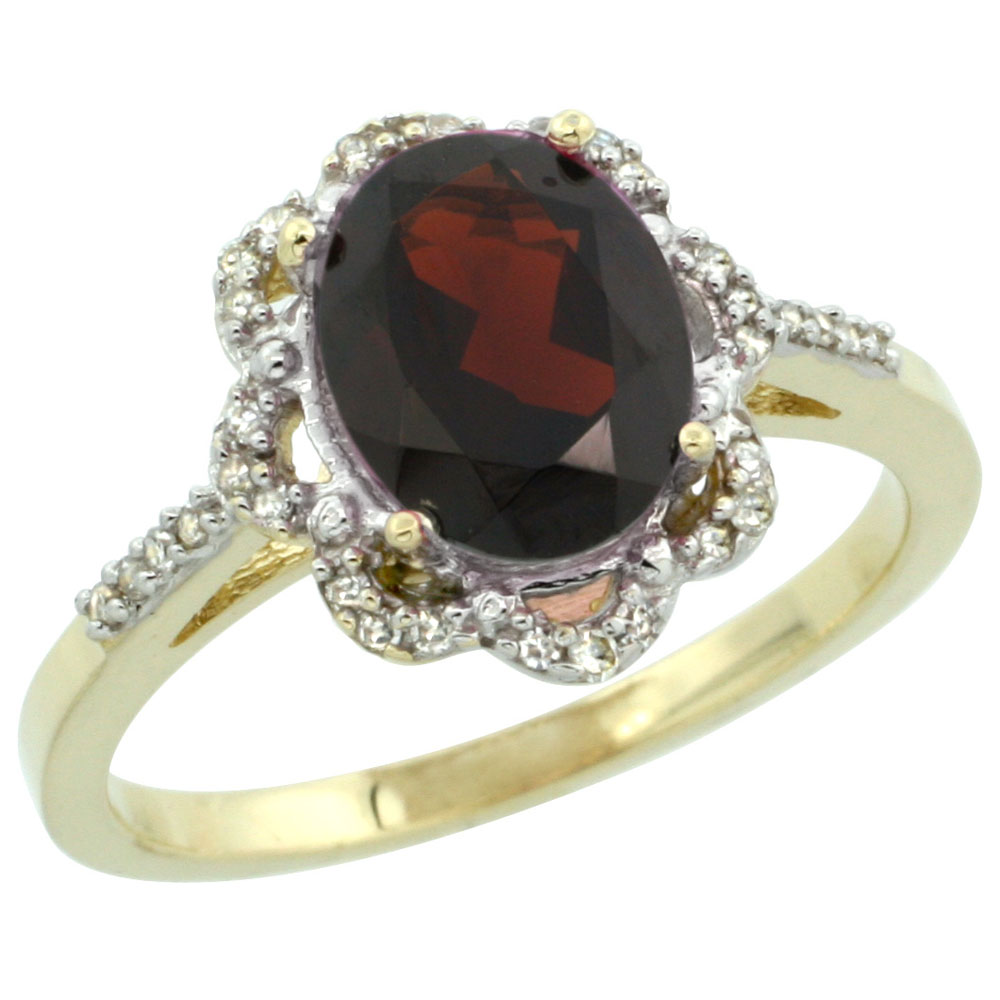 14K Yellow Gold Diamond Halo Natural Garnet Engagement Ring Oval 9x7mm, sizes 5-10