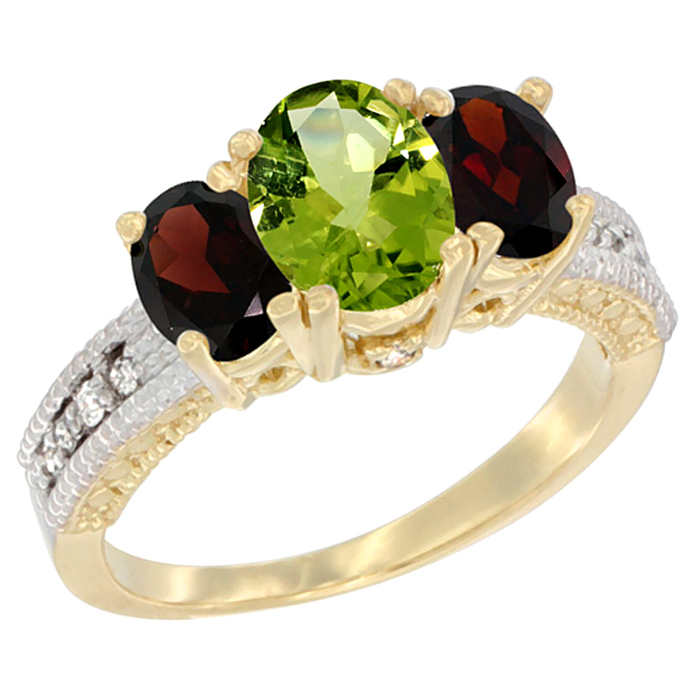 14K Yellow Gold Diamond Natural Peridot Ring Oval 3-stone with Garnet, sizes 5 - 10