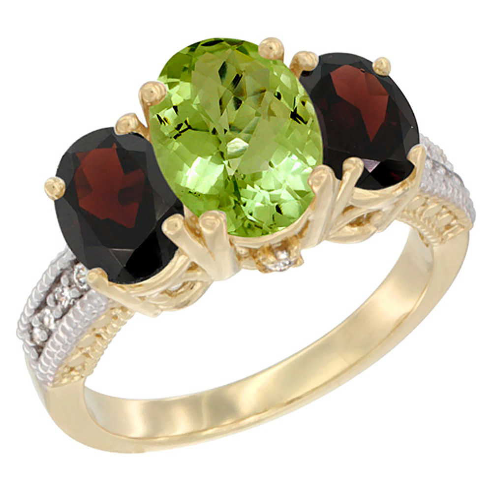 14K Yellow Gold Diamond Natural Peridot Ring 3-Stone Oval 8x6mm with Garnet, sizes5-10