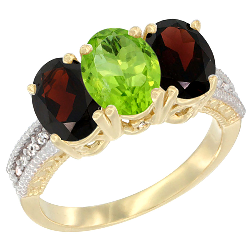 10K Yellow Gold Diamond Natural Peridot &amp; Garnet Ring 3-Stone 7x5 mm Oval, sizes 5 - 10