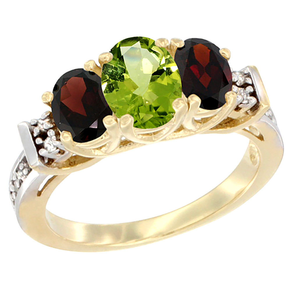 14K Yellow Gold Natural Peridot &amp; Garnet Ring 3-Stone Oval Diamond Accent