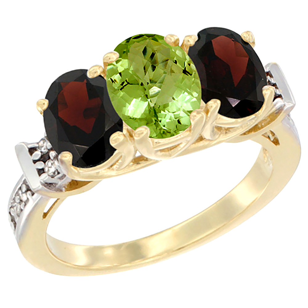 14K Yellow Gold Natural Peridot &amp; Garnet Sides Ring 3-Stone Oval Diamond Accent, sizes 5 - 10