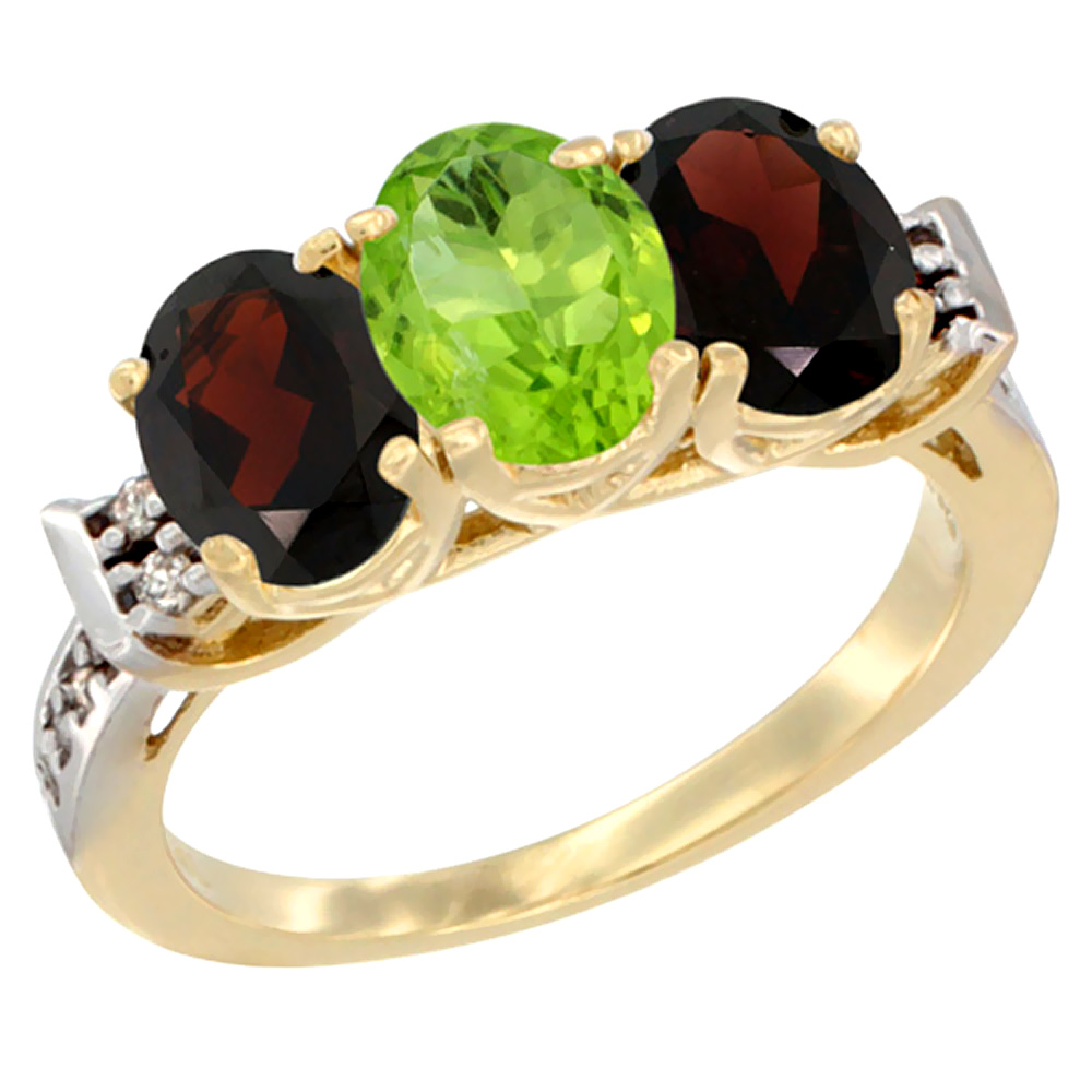 14K Yellow Gold Natural Peridot & Garnet Sides Ring 3-Stone 7x5 mm Oval Diamond Accent, sizes 5 - 10